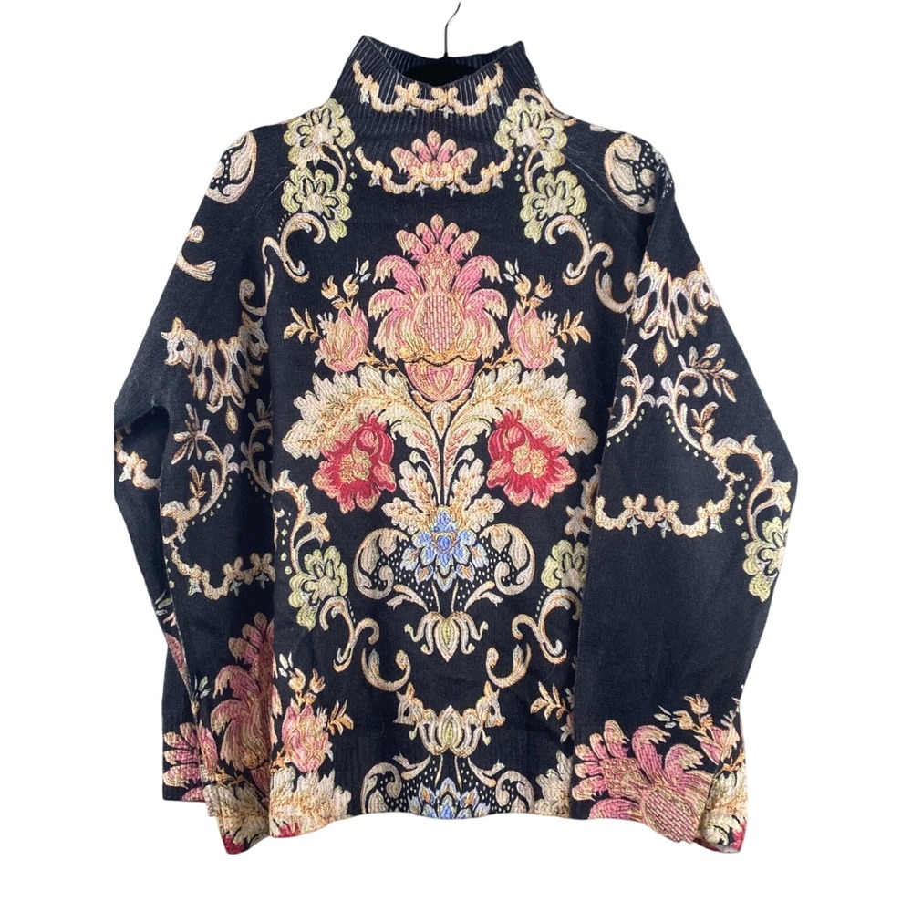 Women Tapestry Floral Mock Neck Sweater 2XL Black Knit Pullover Whimsigoth - Picture 1 of 9